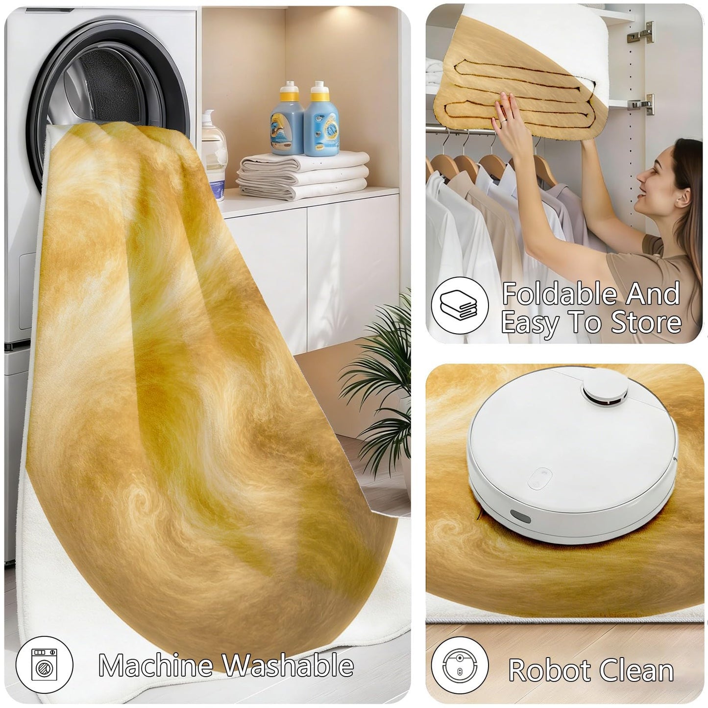Venus Astronomy Round Carpet 3Ft, Golden Planet Solar System Circle Area Rug, Washable Non Slip Low Pile Space Floor Mat for Bedroom Living Room Dining Room Home Office Decor
