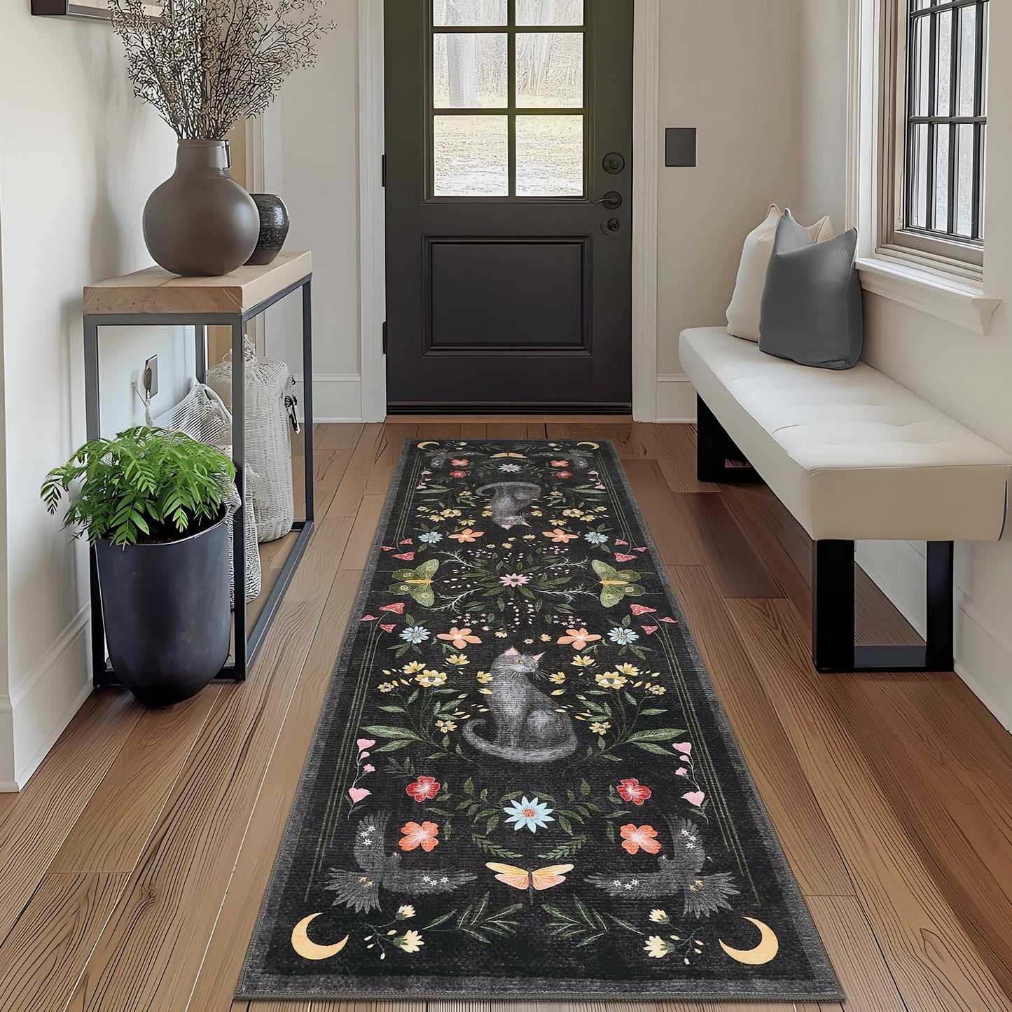 GarveeHome 2x6 Cat Washable Runner Rug for Kitchen, Soft Black Hallway Runner Non Slip Mushroom Moths Entryway Rug Floral Laundry Mat Stain Resistant Carpet for Bedroom Bathroom Beside Rug