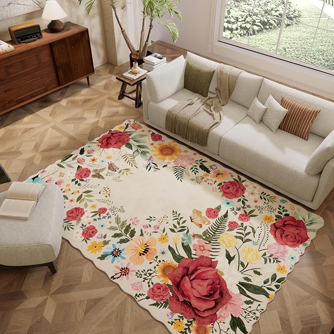 Washable Rugs for Living Room: 6x9 Area Rugs for Bedroom Soft Ultra Thin Stain Resistant Non Slip Low Pile Lightweight Vintage Floral Carpet for Dining Room Decor (Beige)