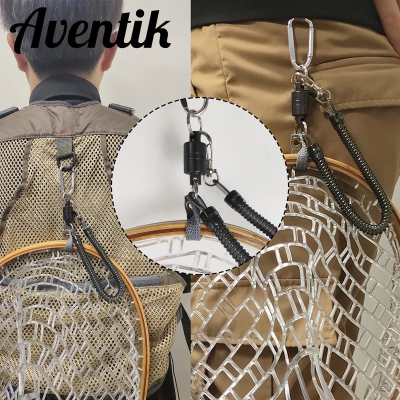 Aventik Magnetic Net Release Ultra-Strong Keychain Fly Fishing Net Retractor with Coiled Lanyard Carabiner Clip(Black)