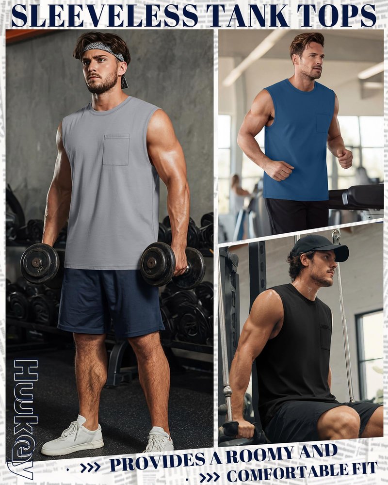Huukeay 3 Pack Cotton Men's Big and Tall Sleeveless Tank Tops Muscle Shirts Gym Casual Workout Tees with Pocket(Black, Light Gray, Blue,Large)
