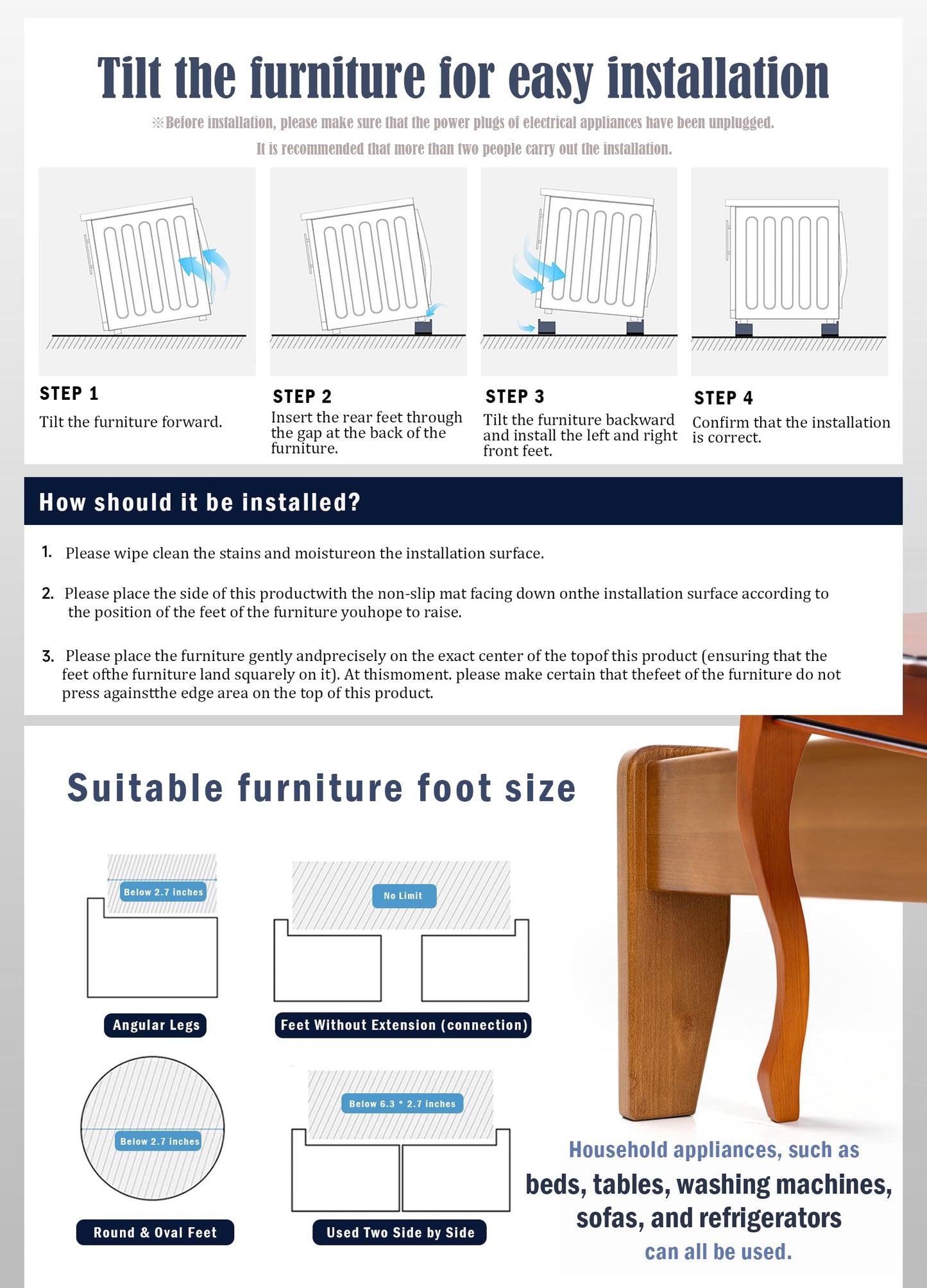 EclatBain Bed Risers Furniture Risers Heavy-Duty Rectangular Adjustable Block Lift to 3 inches and 4.3 inches Desk, Sofa, Chair Legs, Refrigerator, Washing Machine Support up to 4000 pounds