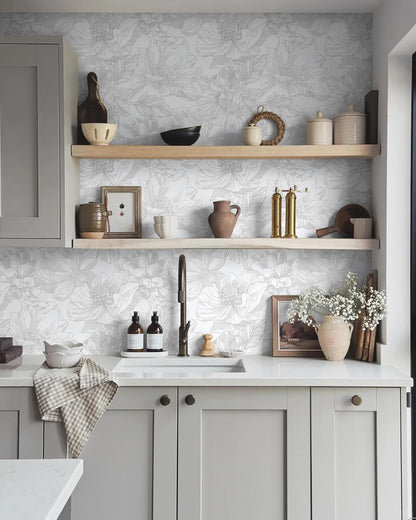 Ismoon Large Floral Peel and Stick Wallpaper Boho White/Grey Contact Paper 17.3inx6.5ft Removable Self Adhesive Bedroom Cabinet Mural Wall Decor Vinyl Roll
