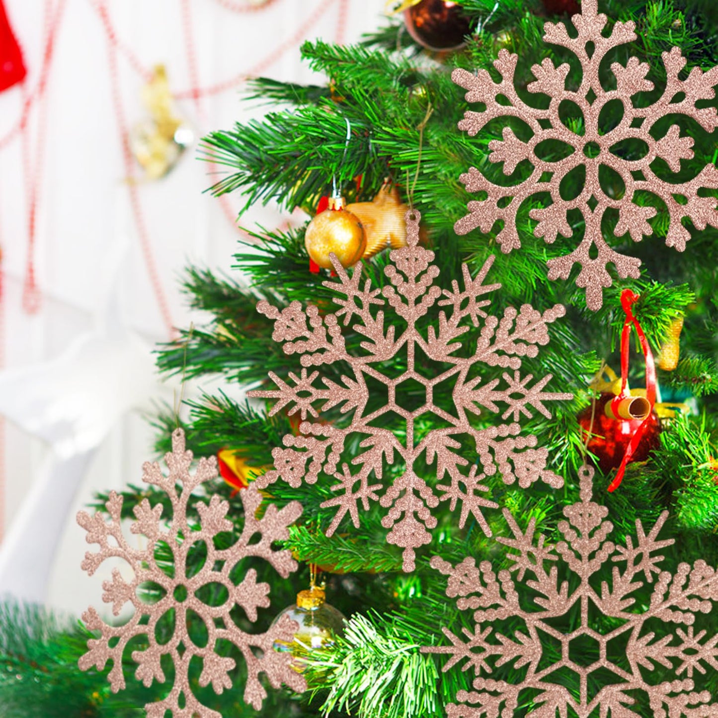 6pcs Large Snowflakes Ornaments Rose Gold 12” Big Plastic Glitter Snowflake for Winter Indoor Outdoor Christmas Tree Window Room Decorations Giant Craft Snowflakes