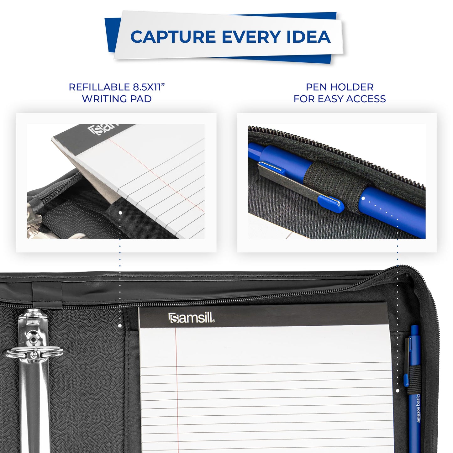 Samsill Professional Padfolio/Portfolio with Zippered Closure Case, 2 Inch Removable Round Ring Binder, Retractable Handles, Interior 10.1” Tablet Sleeve, Black