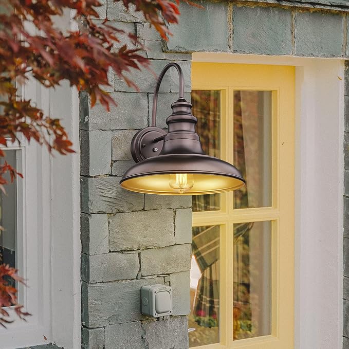 Dusk to Dawn Sensor Outdoor Barn Light Fixture Outdoor Wall Sconce Farmhouse Wall Mount Lights Exterior Gooseneck Light Fixture Bronze Finish Industrial Wall Lantern for Porch, Entryways, 1 Pack