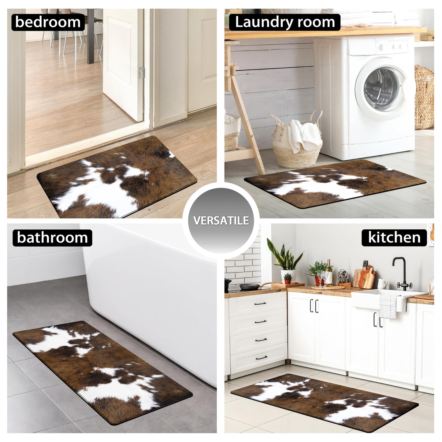 Western Cowhide Kitchen Rugs Set of 2 Black Brown Cow Print Rugs Anti Fatigue Mats for Floor Non Skid Waterproof Comfort Standing Runner Mat for Sink Laundry Office (Brown, 17.5"x29.5"+17.5"x47")