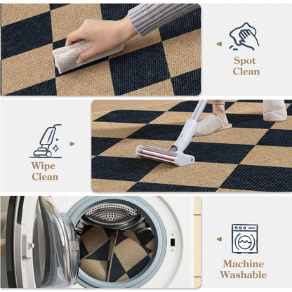 Lanffia Checkered Easy Jute 5x7 Outdoor Rug, Black Washable Rugs 5x7 for Living Room Neutral Indoor Outdoor Carpet, Non Slip Stain Resistant Checkerboard Rug for Backyard Dining Room Classroom