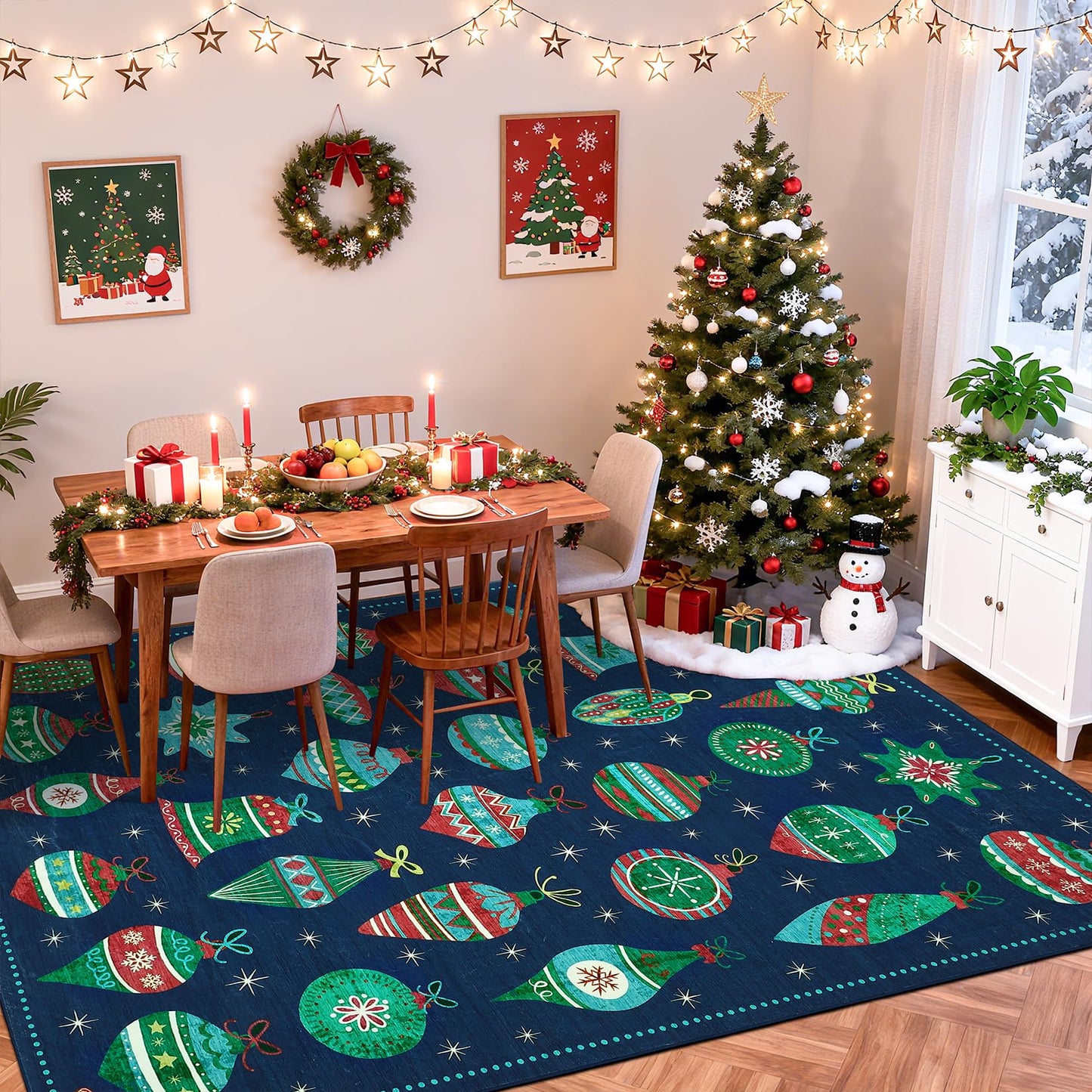 COZYLOOM Washable Christmas Rug 5x7 Holiday Decorative Floor Mats, Non-Slip Non-Shedding Christmas Carpet, Easy Cleaning Low Pile Indoor Rug for Living Room, Bedroom, Nursery, Blue