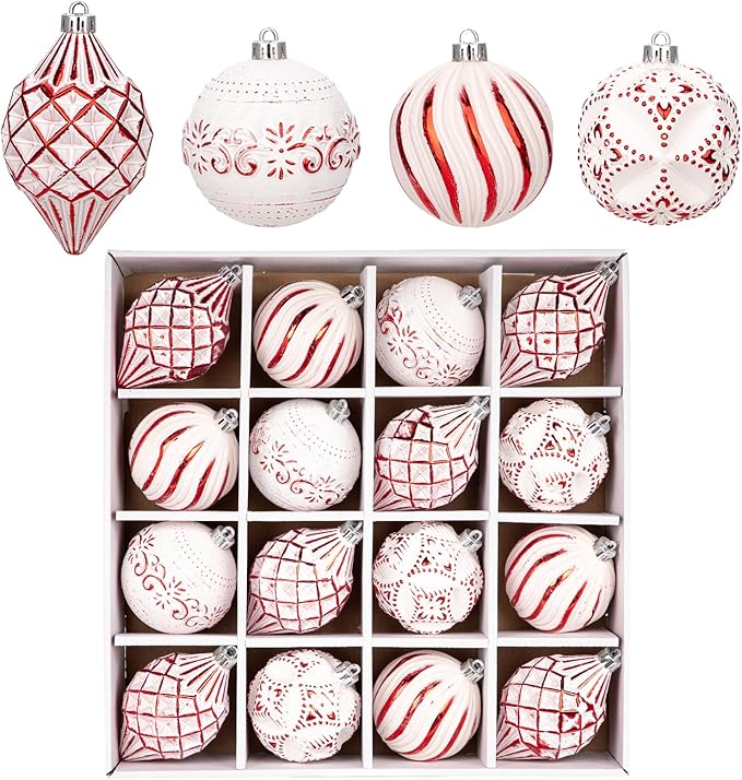 16PCS Shatterproof Christmas Ball Ornaments Set, Hand-Painted Holiday Decor with Assorted Sizes & Designs for Christmas Tree Thanksgiving Party Decoration, Red-White