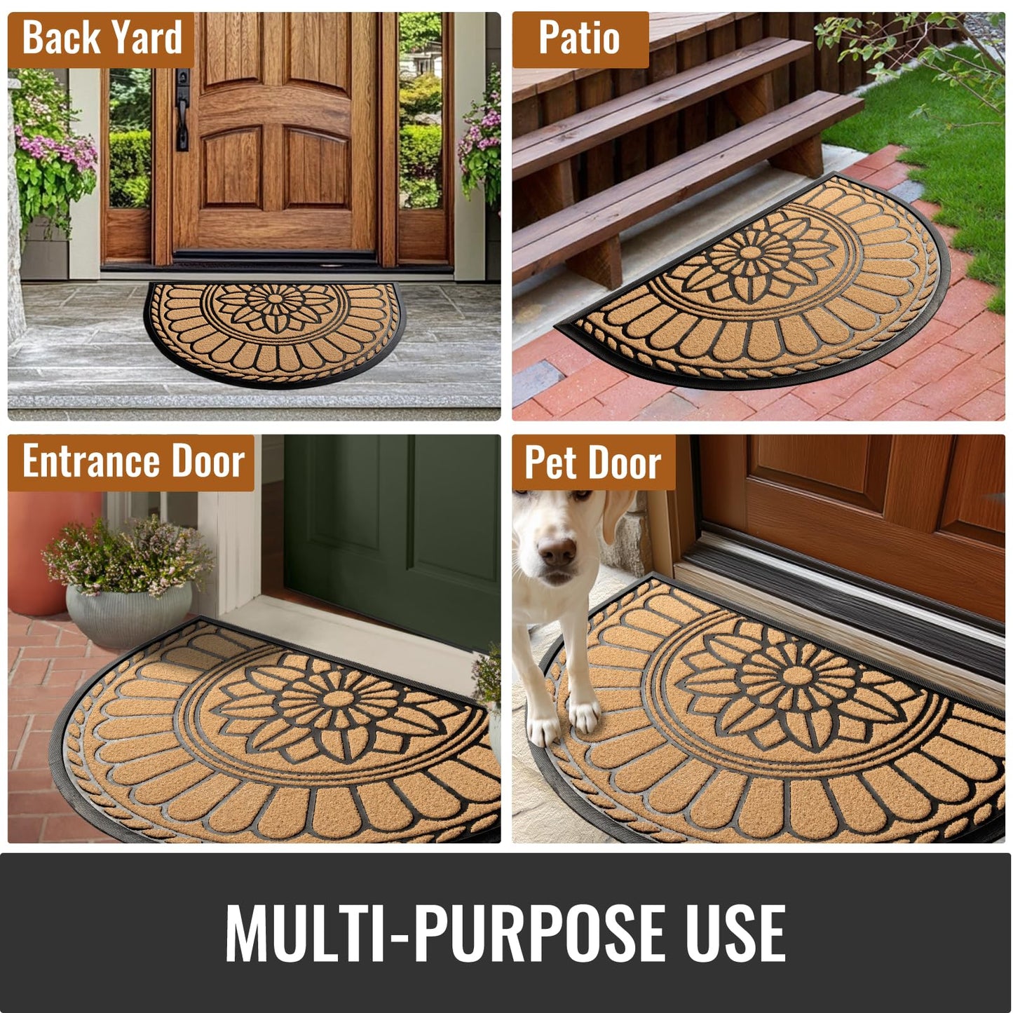Mibao Front Door Mat Indoor Outdoor Entrance, Semicircular Entrance Mat, Half Round Waterproo Non-Slip Durable Rubber Door Mats, Low Profile Heavy Duty Doormat for Garage, Patio, 30" x 18", Yellow