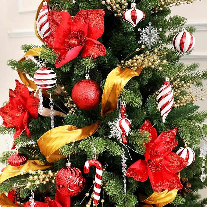 Christmas Ball Ornaments Set Shatterproof Christmas Tree Ornaments 24 PCS Painted Shaped Styles Xmas Tree for Holiday Decor,Red