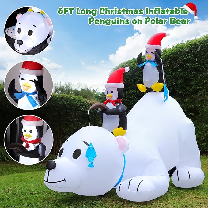 6FT Christmas Inflatable Polar Bear with Penguins Outdoor Decorations, Blow up 2 Penguins Fishing on Big Polar Bear with Bright LED Lights for Xmas Decor Outside Indoor Yard Garden Lawn Holiday Party