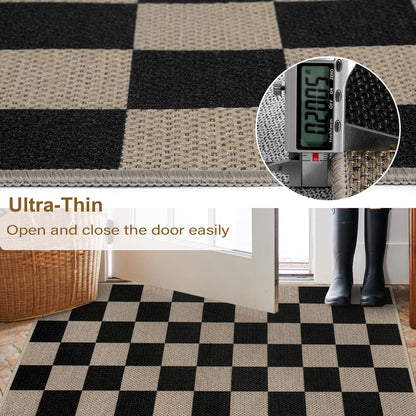 Rugalia Easy Jute Checkered Entryway Rug, 2x3 Black Modern Indoor Outdoor Doormat, Washable Non-Slip Small Kitchen Rug Farmhouse Checkerboard Throw Rugs for Entrance Bedroom Bathroom