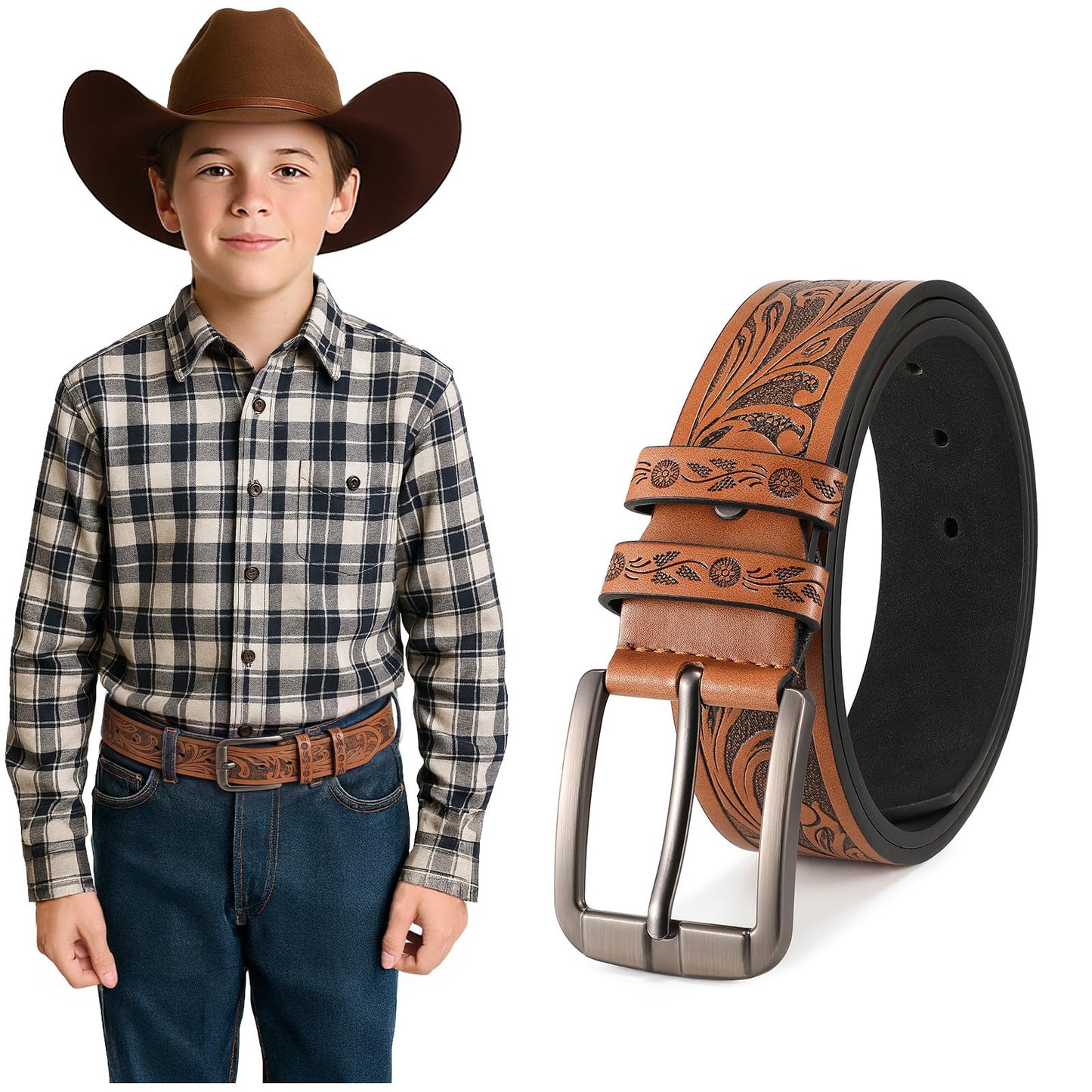 UpFind Boys Western Leather Belt Engraved Kids Cowboy Belt with Pin Buckle for Jeans Pant School Uniform Dress Up, 1.5" Wide