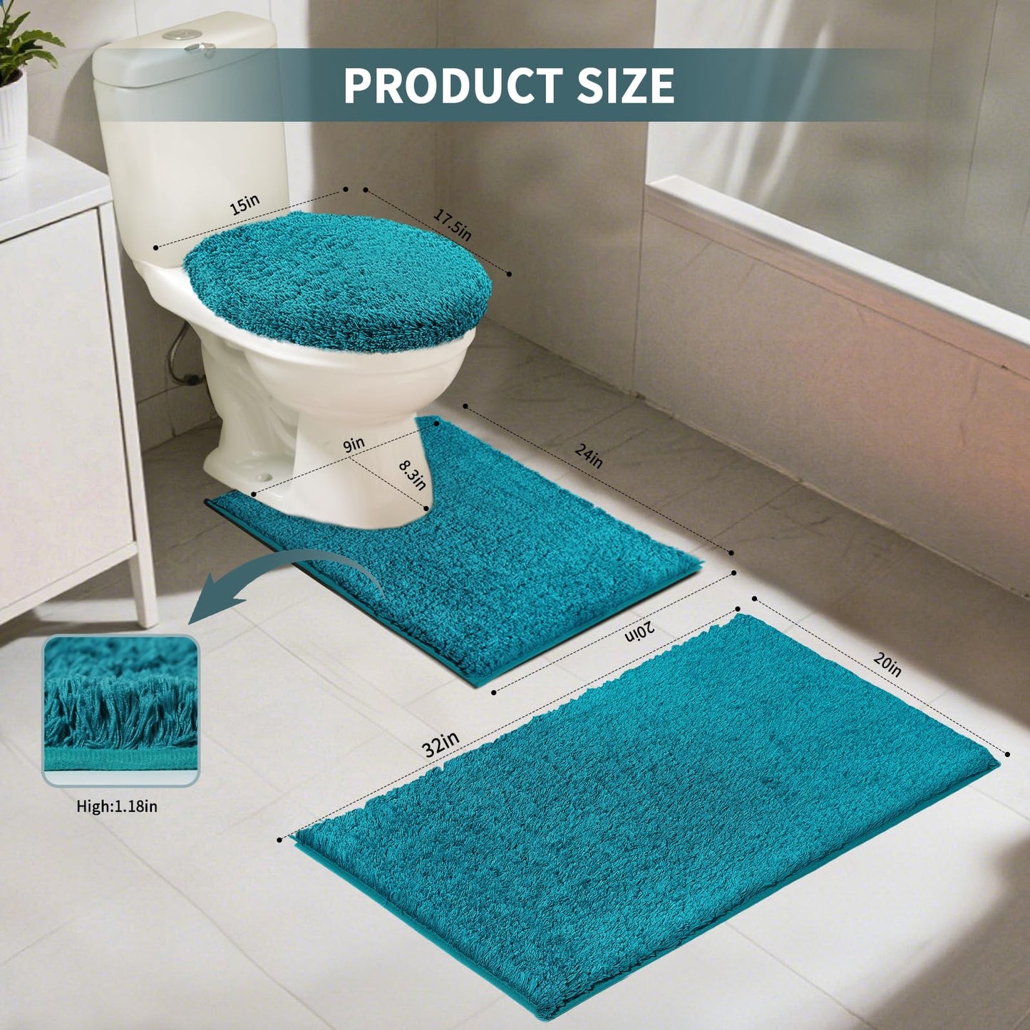 Baahrnom Bathroom Rugs Sets 3 Piece with Adjustable Toilet Seat Cover 17.5"x 15" Machine Washable Bath Rug Set with TPR Non Slip Rubber Backing Solid Bath Mat Set for Luxury Bathroom Decoration