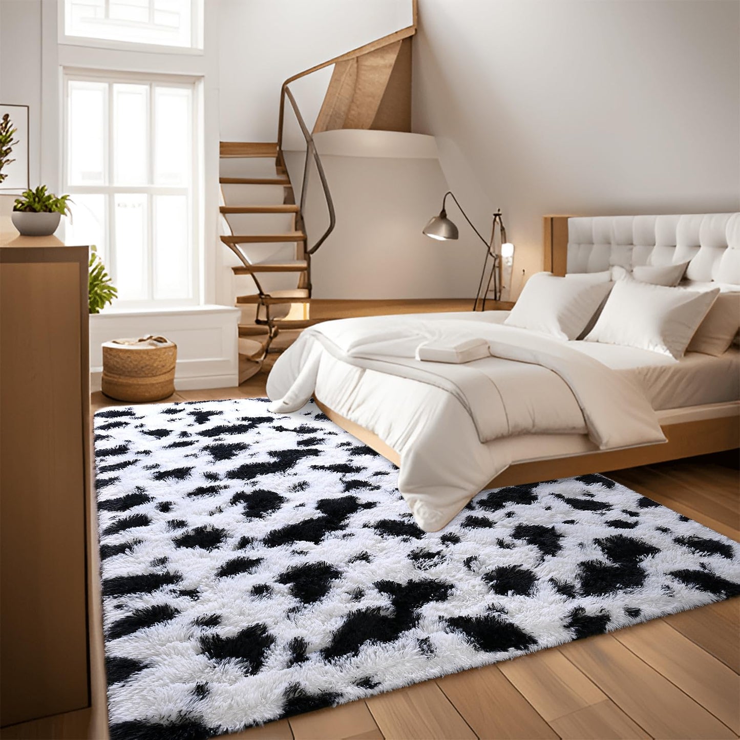 DweIke Fluffy Black White Rugs for Bedroom Living Room, 5x8 Feet Soft Plush Shaggy Cow Hide Print Girls Boys Kids Rug, Non-Slip and Machine Washable Carpet for Dorm Nursery Classroom Decor