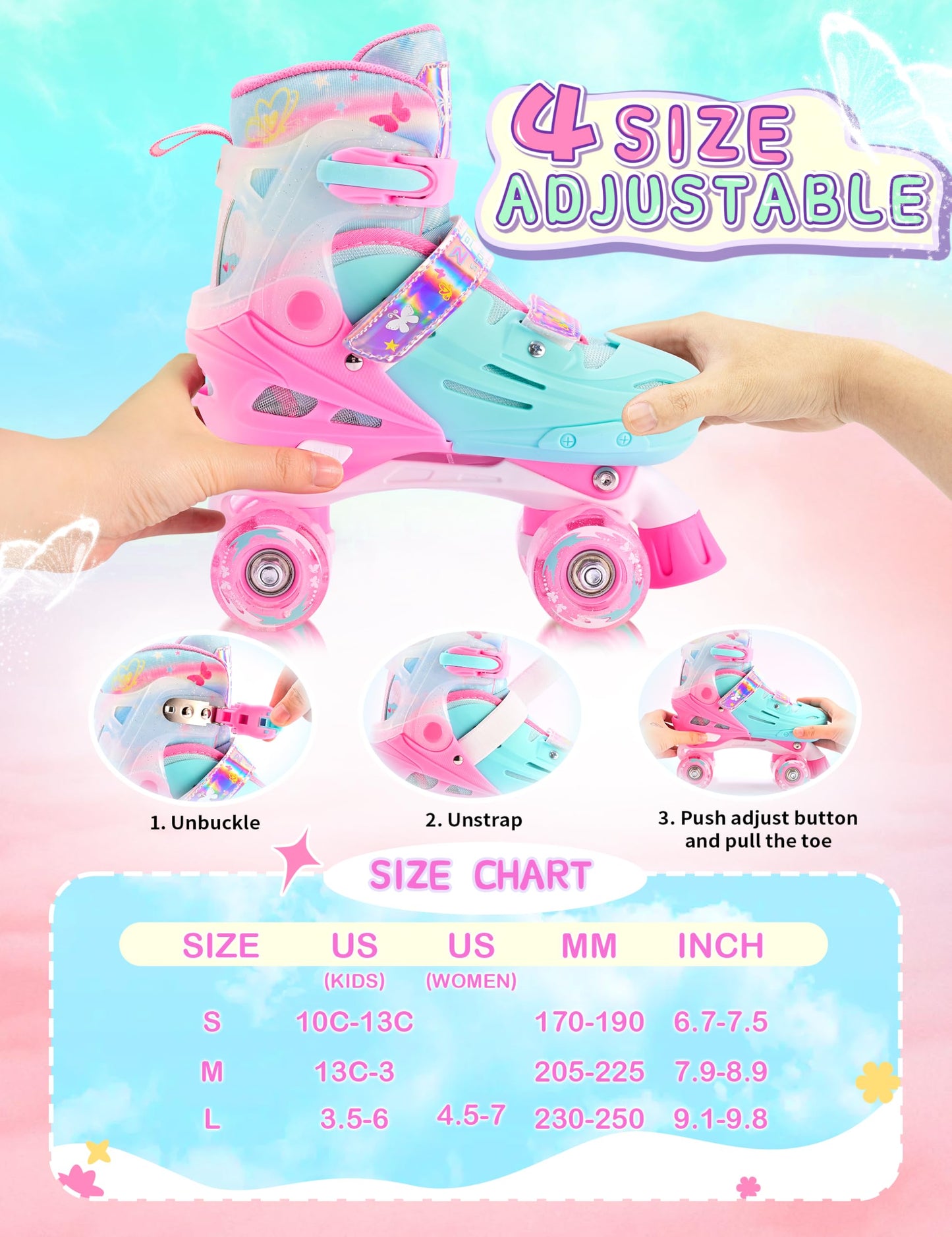 2PM SPORTS Adjustable Roller Skates for Girls Kids Ages 3-5 4-7 5-8 6-12 8-12 with Light Up Wheels, Outdoor Indoor Rollerskates for Kids Beginner Toddler Little Girl Youth Pink Green Butterfly