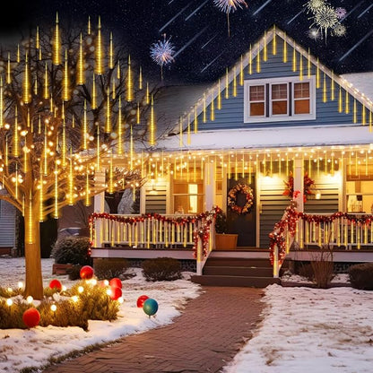 KNONEW Christmas Lights Outdoor, 15 inch 24 Tubes 672 LED Meteor Shower Lights Plug in Waterproof Falling Rain Light for Xmas Tree Wedding Party Garden Holiday Rooftop Decorations (Warm White)