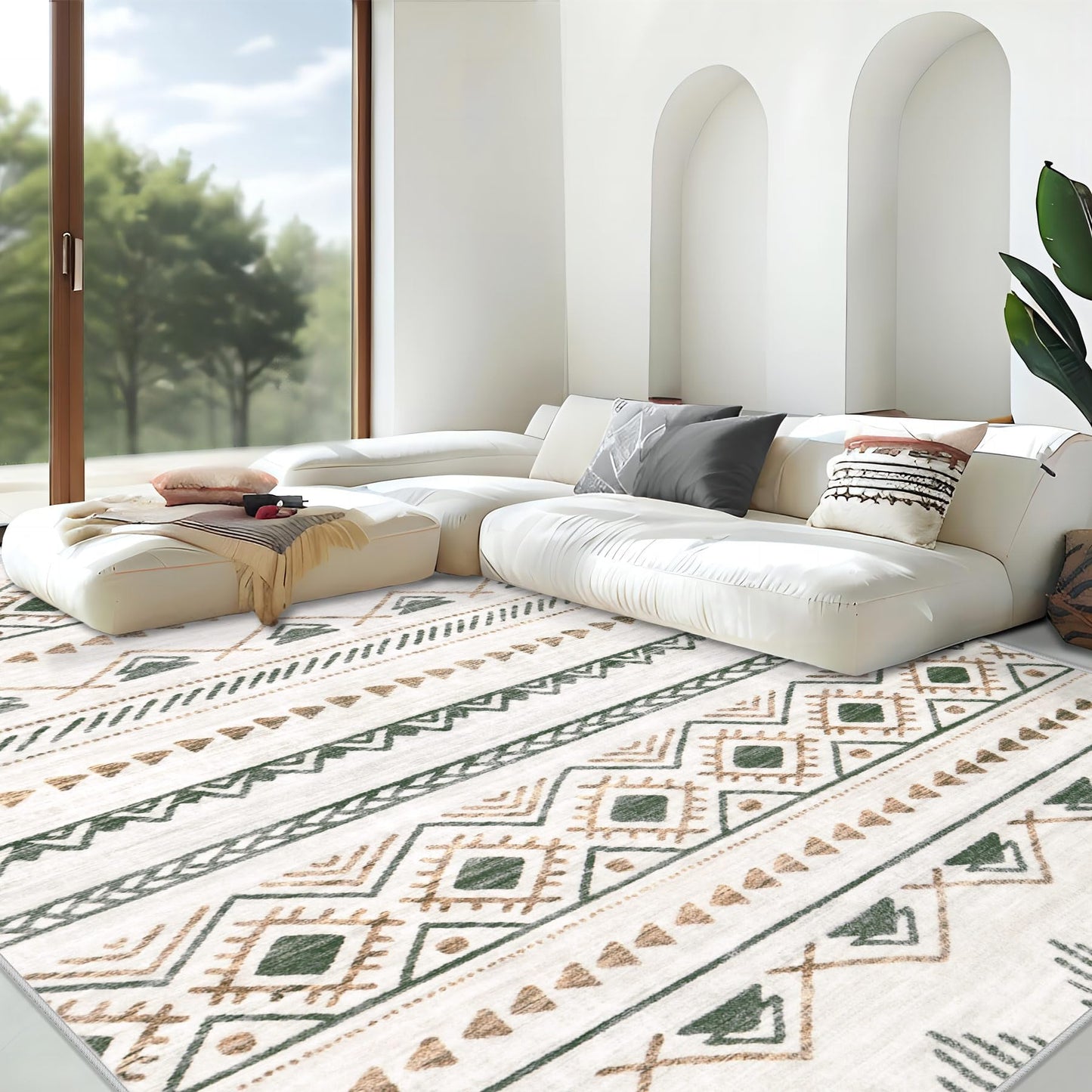 Area Rug for Living Room 6x9: Large Washable Boho Moroccan Rugs Geometric Neutral Rug, Non-Slip Foldable Morden Farmhouse Indoor Floor Carpet for Bedroom Dining Table Home(Brown Green,6'x9')