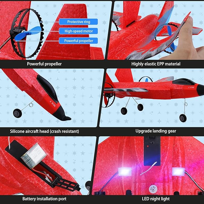 RC Plane 2CH RC Airplane Toys HW39 Fighter 2.4GHz Remote Control Plane RC Airplane RTF Ready to Fly for Beginner Kids and Adults F35 Aeroplane with Night Lights USB Charging (Red)