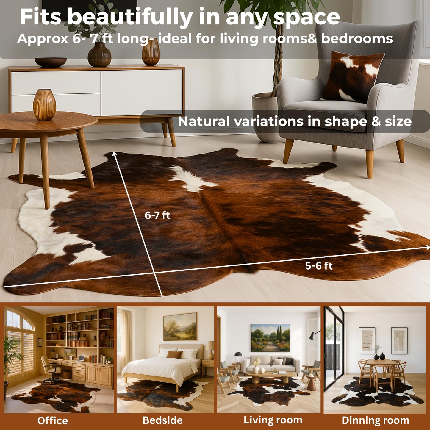 rodeo Full Grain Hair on Genuine Cowhide Rug: Real Animal Print Rug for Western Home Decor & Rustic Cow Rugs for Living Room - Western Rugs, 6x7ft - Unique Country Style Hide Decor - Brindle Nutella
