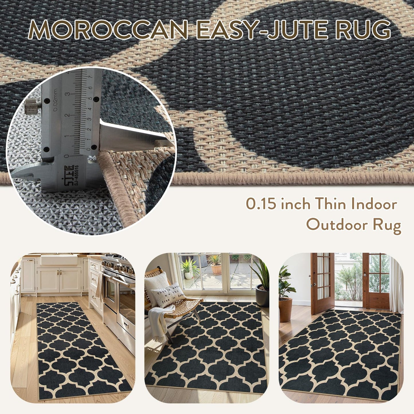 Lahome Moroccan Outdoor Rug 5x7, Easy Jute Black Washable Rugs for Patio Living Room, Geometric Trellis Woven Area Rug Non Slip for Backyard, Thin Non Shedding Farmhouse Carpet for Bedroom