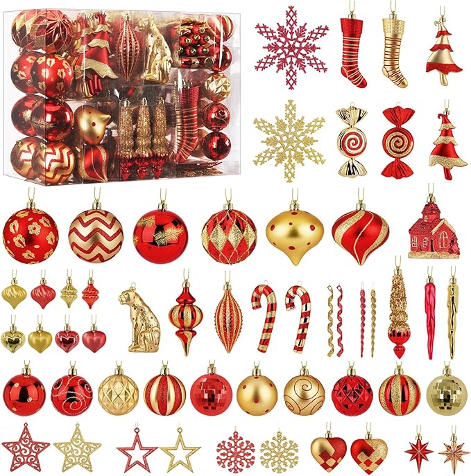 SHareconn 145pcs Christmas Balls Ornaments Set, Shatterproof Plastic Baubles Snowflakes, Stars and Tree Topper for Xmas Tree Holiday Wedding Party Decorations with Hanging Strings, Gold and Red