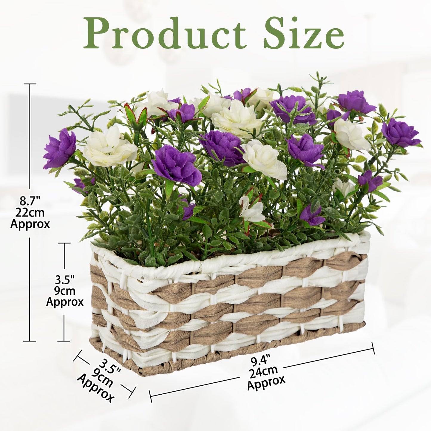 Artificial Rose Flowers with Woven Basket, Faux Roses in Fake Rattan Planter for Table Centerpiece, Romantic Floral Arrangement for Home Bathroom Office Desk Spring & Rustic Decor, Cream White Purple