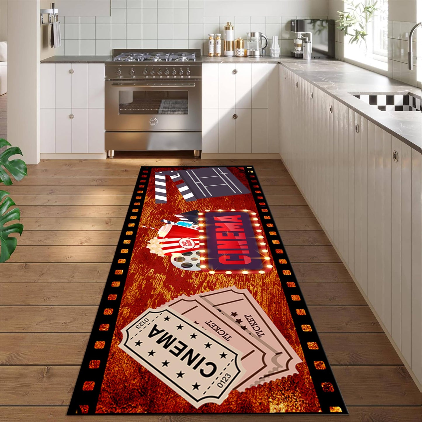 Srocvi Movie Time Long Rug Home Cinema Theatre Clapboard Ticket Popcorn Print Design Carpets for Living Room Retro Red Non-Skid Foldable Long Door Mats for Indoor Kids Bedroom Hallway Porch, 2x10ft