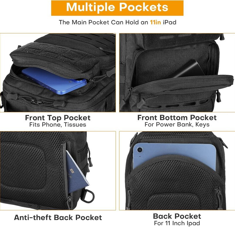 HUNTVP Tactical Sling Bag for Men - Concealed Carry Crossbody Backpack with Holster & Accessory Slots | Black