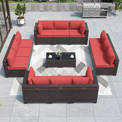 ALAULM 14 Pieces Outdoor Patio Furniture Set Sectional Sofa Sets Brown PE Rattan Patio Conversation Set w/12 Red Seat Cushions and 2 Coffee Tables