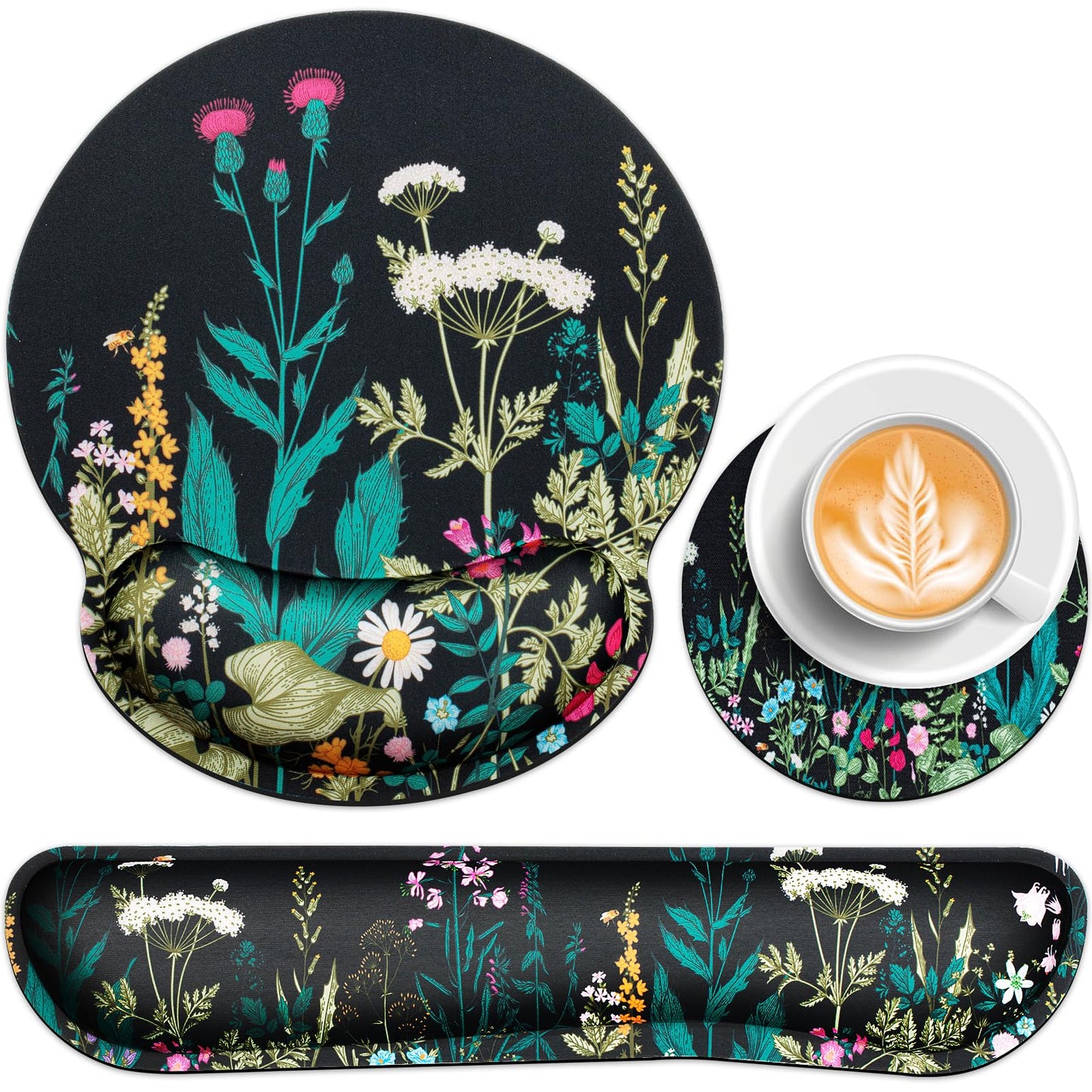 Mouse Pad with Wrist Rest Set, Qomolama 3-in-1 Wrist Support Mouse Pad Set, Floral Gaming Mousepad with Anti-Skid Base,Ergonomic Mouse Pad,Memory Foam Keyboard Gel Wrist Rest