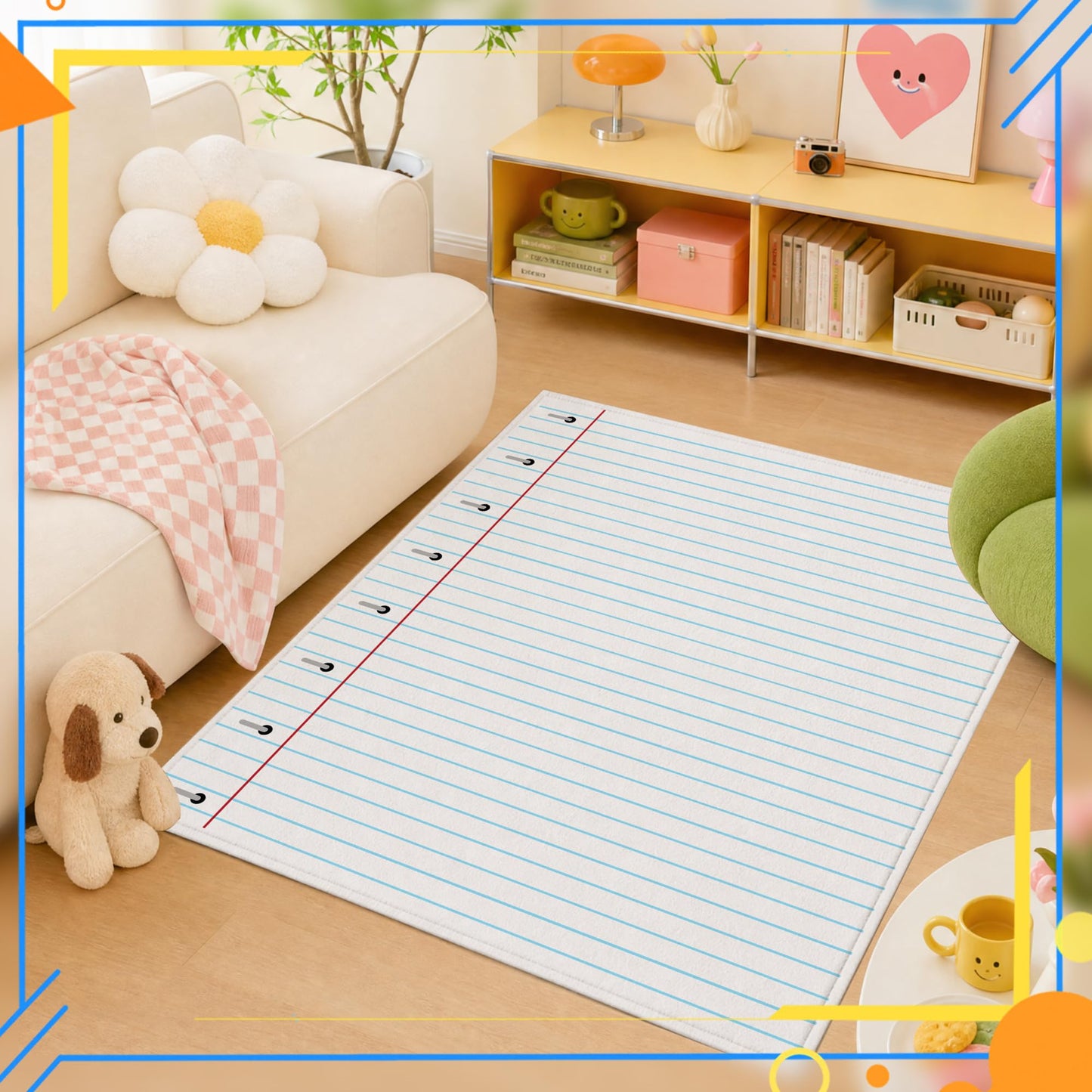 3.3 x 4 ft Calming Corner Kids Rug, Composition Notebook Back-to-School Toddler Carpet for Nursery, Homeschool & Playroom, Educational Soft Fluffy Reading Mat (Lined Notebook)