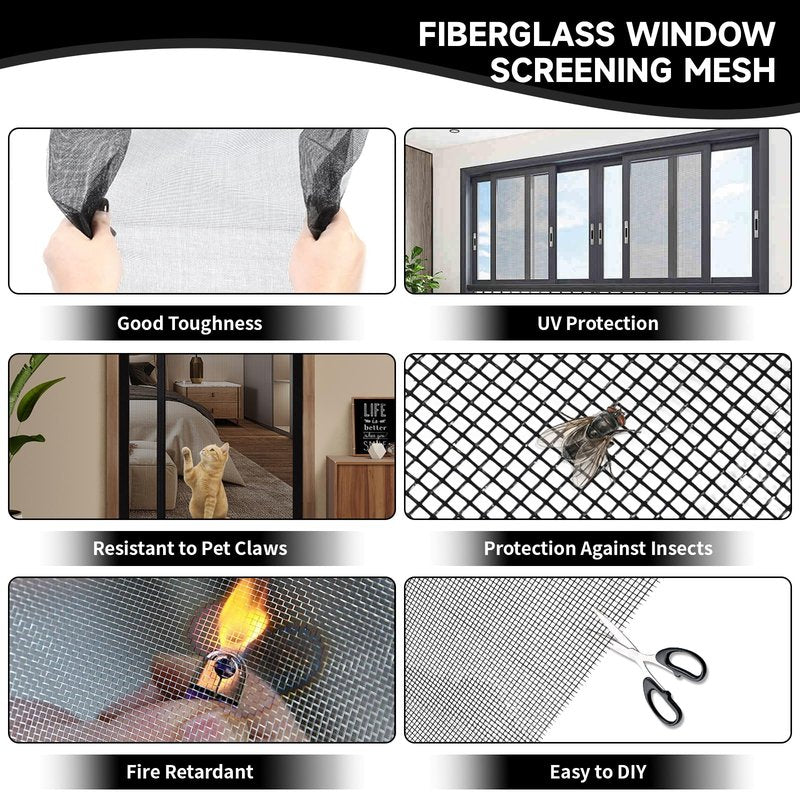 Window Screen Door Repair/Replacement Kit,48" x178" Adjustable Durable Fiberglass Window Screen Mesh,with Spline/Roller/Hook/Clips Screen Door Repair Kit,DIY Window,Porch Sliding Door(Black)