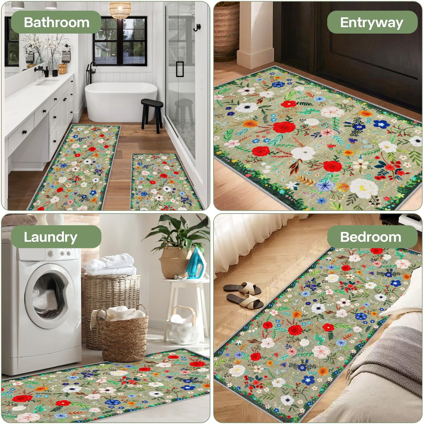 PCSWEET HOME Floral Kitchen Rugs Sets of 3 Non Slip Kitchen Rugs and Mats Washable Farmhouse Kitchen Rugs Spring Floral Kitchen Floor Mat Carpet Runner Rugs for Hallway Laundry Room, Green