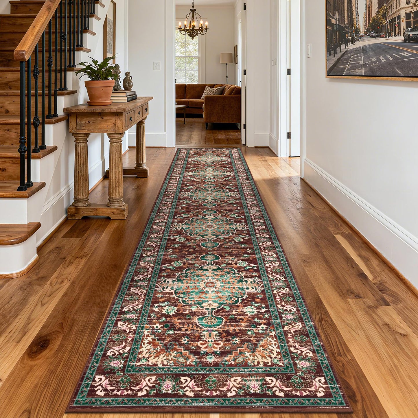 U'Artlines 3' x 14' Boho Hallway Runner Rug, Rust Non Slip Washable Vintage Farmhouse Accent Rug Carpet for Kitchen Entryway Laundry and Living Room (Rust＆Teal)