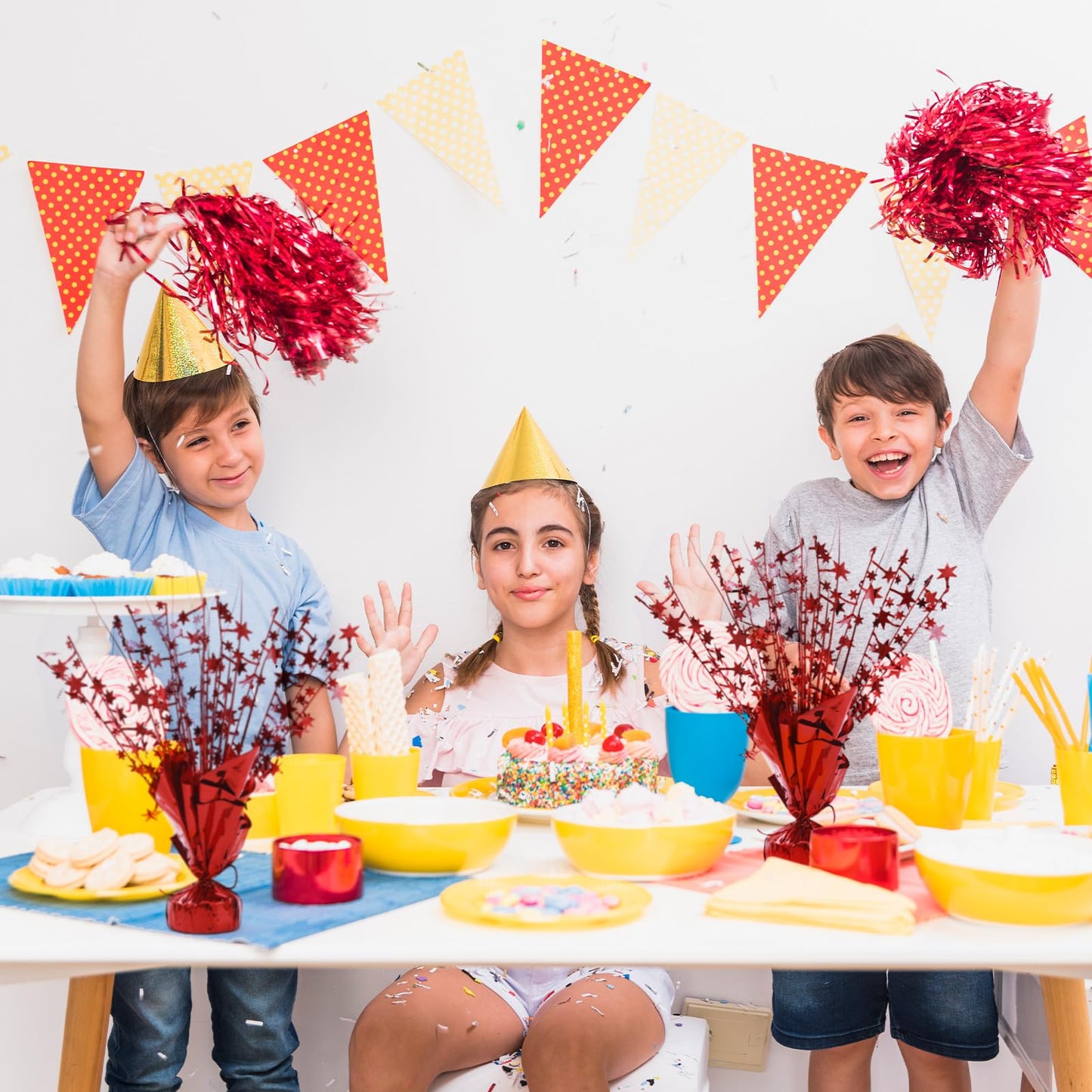 Ohiyoo 12 Pack Red Metallic Foil Spray Centerpiece Star Table Decoration Burst Table Centerpieces for Birthday New Year Wedding Anniversary Graduation Party Supply (Red)