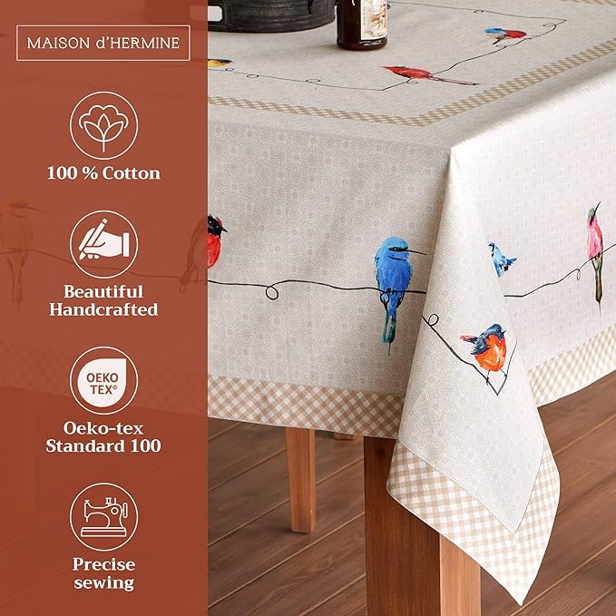 Maison d' Hermine Table Cloth Rectangle Table 100% Cotton 70 x 108 Inches Tablecloth Reusable Decorative for Dining Room, Farmhouse, Home, Party, Festive & Wedding Spring Summer - Birdies On Wire