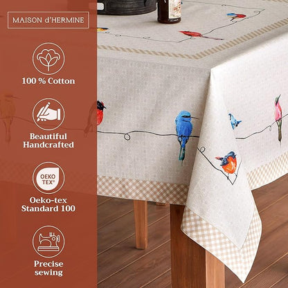 Maison d' Hermine Table Cloth Rectangle Table 100% Cotton 70 x 108 Inches Tablecloth Reusable Decorative for Dining Room, Farmhouse, Home, Party, Festive & Wedding Spring Summer - Birdies On Wire