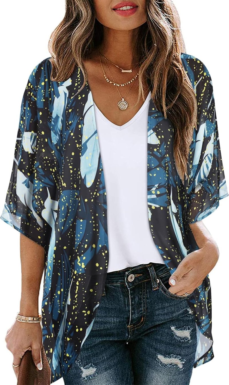 Floral Print Puff Sleeve Kimono Cardigan - Casual Women's Cover-Up Blouse Tops