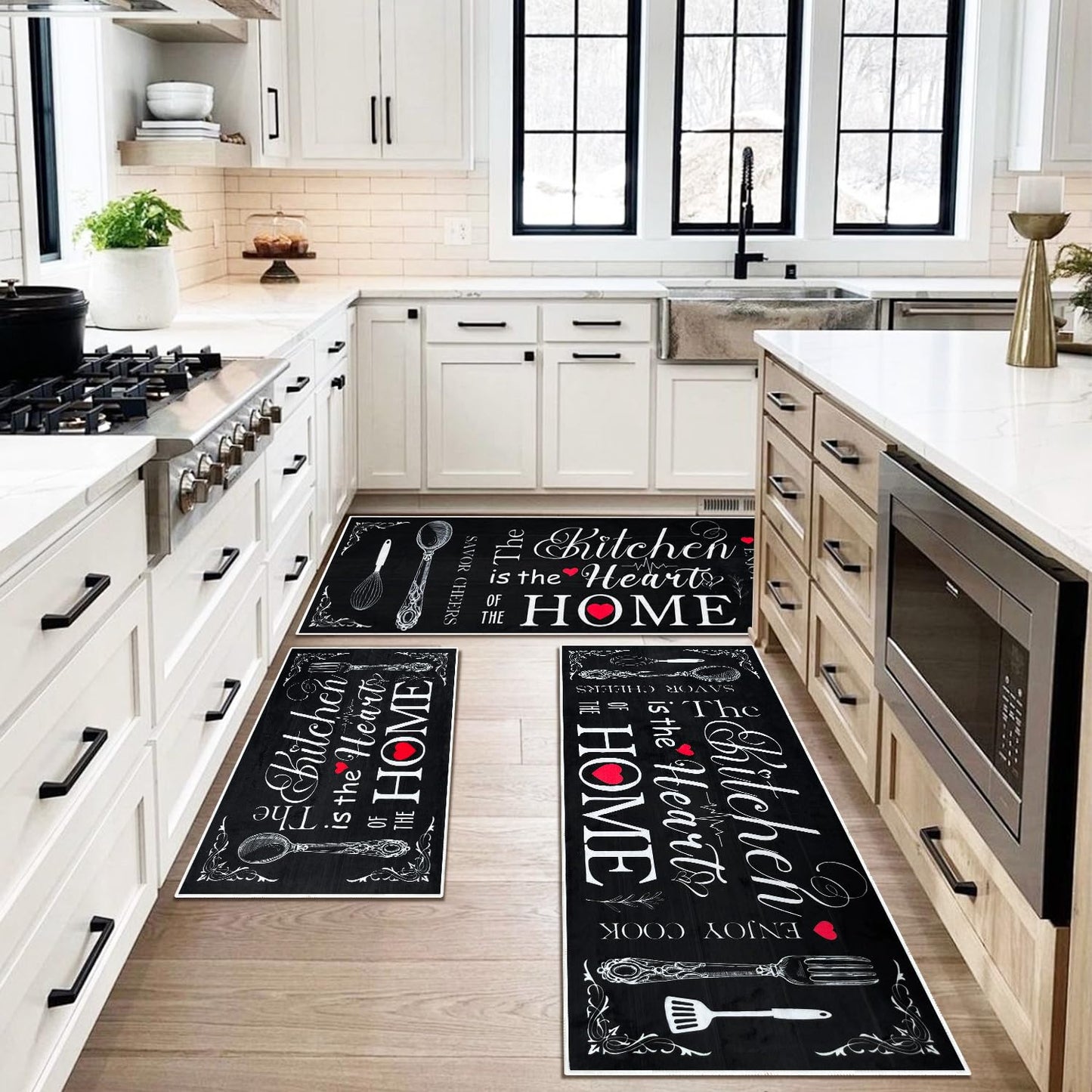 Farmhouse Kitchen Rugs 3 Piece Set, Washable Non-Slip Area Rugs and Mats, Rustic Runner Carpets for Kitchen Floors, Laundry Rooms and Hallways (Black, 20"x32"+20"x47"+20"x59")