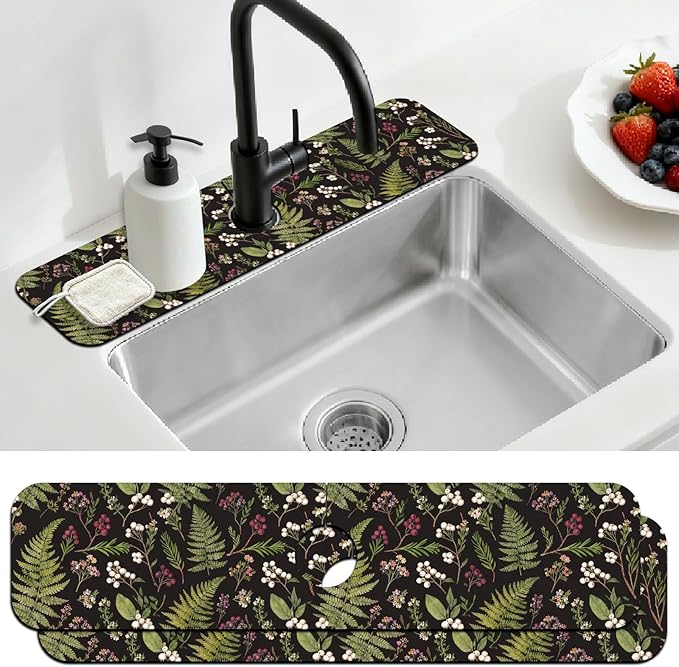 2 Pcs Kitchen Sink Splash Guard Faucet Mats Vintage Fern and Berries Pattern