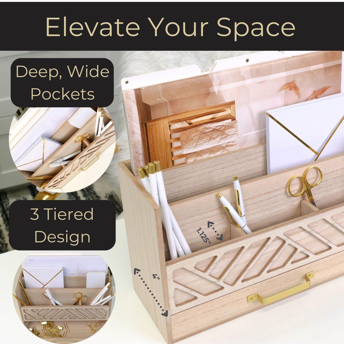 BLU MONACO | Wooden Mail Organizer with Drawer and Gold Handle | Outgoing Mail Holder and Letter Sorter for Desk | Natural Wood Desktop Paper Organizer
