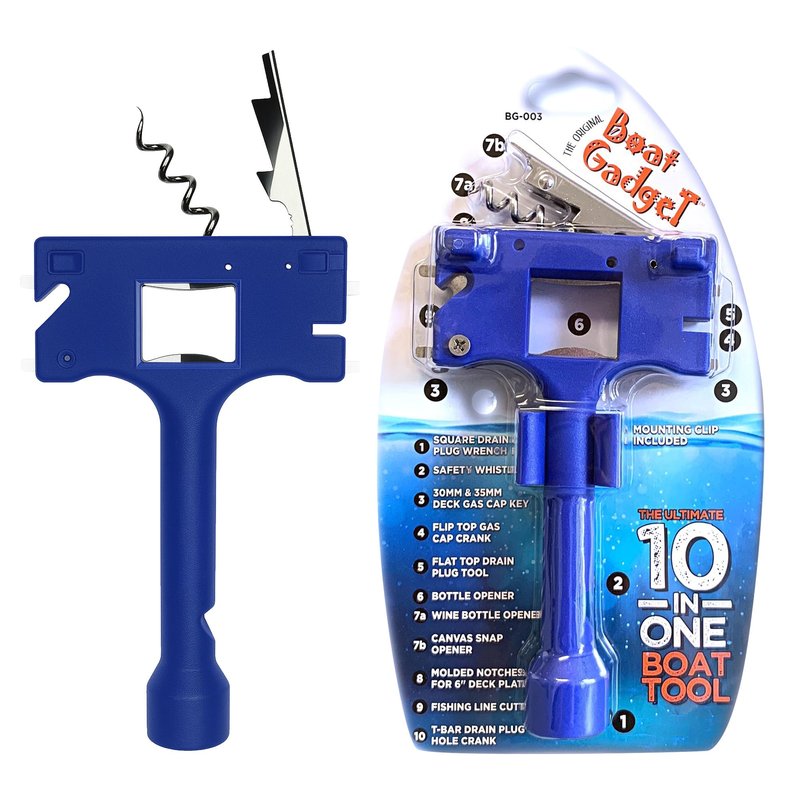 Boat Gadget 10-in-1 Boat Tool, Blue - Must-Have Boat Accessory with Gas Cap Key, Fishing Line Cutter, Bottle Opener, Whistle & More - Smart Addition to Any Boat Tool Kit for Fishing, Boating & Fun