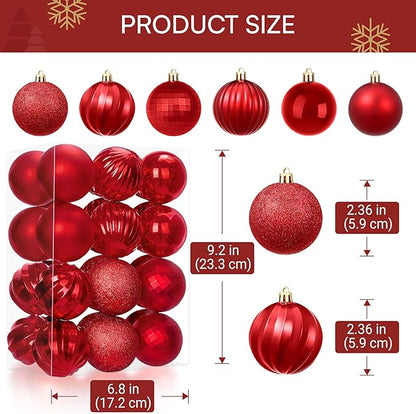 Joiedomi 24 Pcs Red Christmas Balls Ornaments Set, 2.36" Christmas Tree Ornaments Shatterproof, Xmas Balls Hanging Decorations for Tree Wreath Garland Holiday Wedding Indoor Party Decor