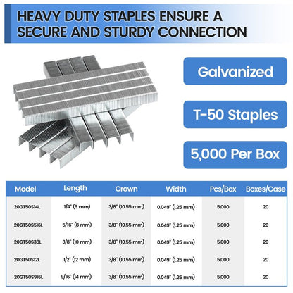 meite T50 Staples, 5/16 Inch Heavy Duty Staples for Staple Gun, Galvanized 20 Gauge 3/8 Inch Crown Staple for Upholstery, Construction, Furniture (5 Boxes)