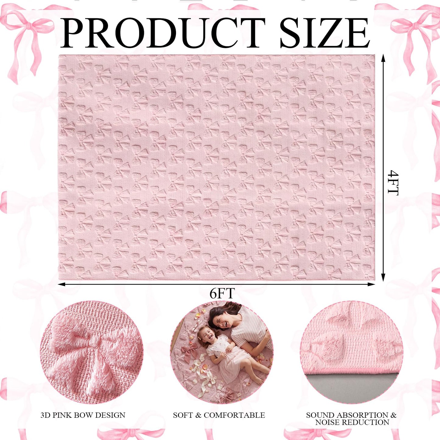 Klyyo Clyro Pink Bow Area Rugs for Bedroom Girls 4 x 6 ft Cute Coquette Throw Rugs Pink Plush Faux Fur Aesthetic Soft Bedroom Carpet for Living Room Dining Playroom Nursery Family Indoor Dorm
