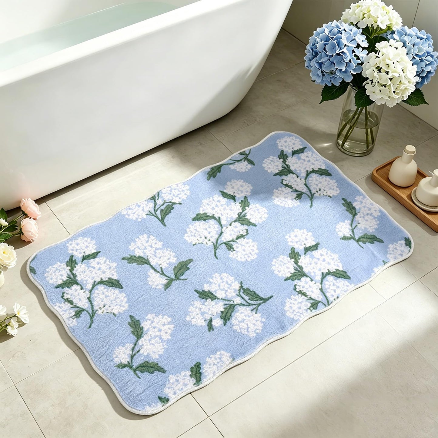 Whaline Hydrangea Rug Mat 32 x 20 Inch Blue Floral Scalloped Absorbent Bathmat Spring Flower Bathroom Rug for Home Bedroom Sink Shower Bathtub Decor