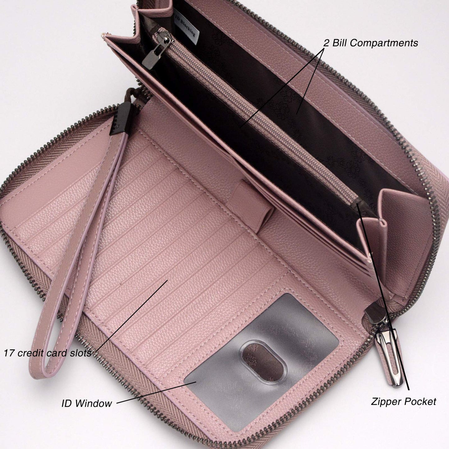 Bveyzi Women RFID Blocking Wallet Leather Zip Around Phone Clutch Large Capacity Ladies Travel Purse Wristlet (Dark Pink)